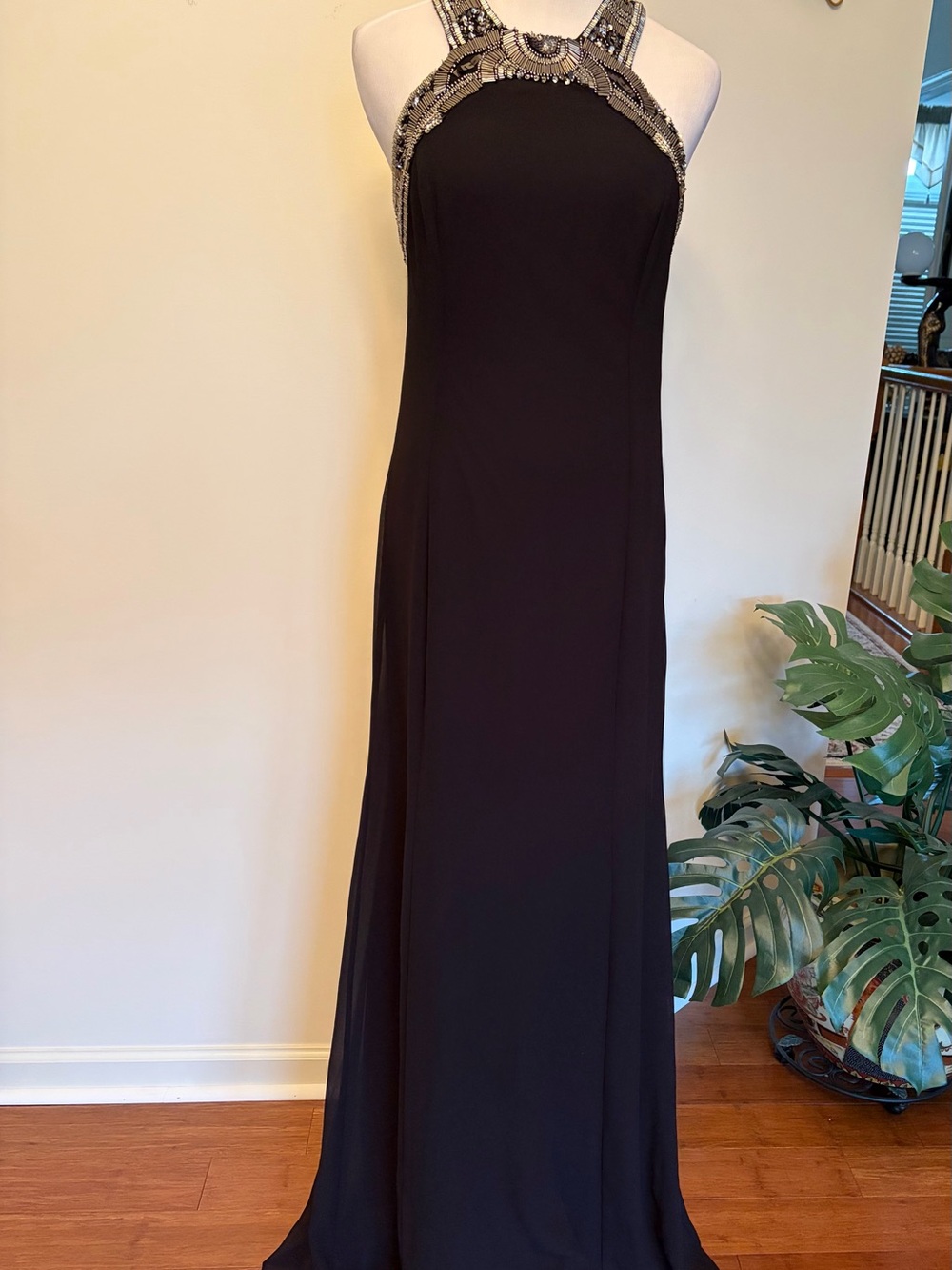 Beautiful Black Halter Prom Gown with Beaded Trim